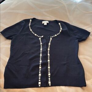 LOFT Navy Short Sleeve Beaded Trim Cardigan